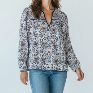 New Xirena Women Emryn Top S White Mosaic Blue Paisley Cotton Gauze Boho Coastal